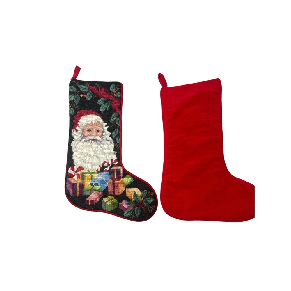 Vintage Needlepoint Christmas Stockings Set of 2 Santa Claus Gifts Wool Classic